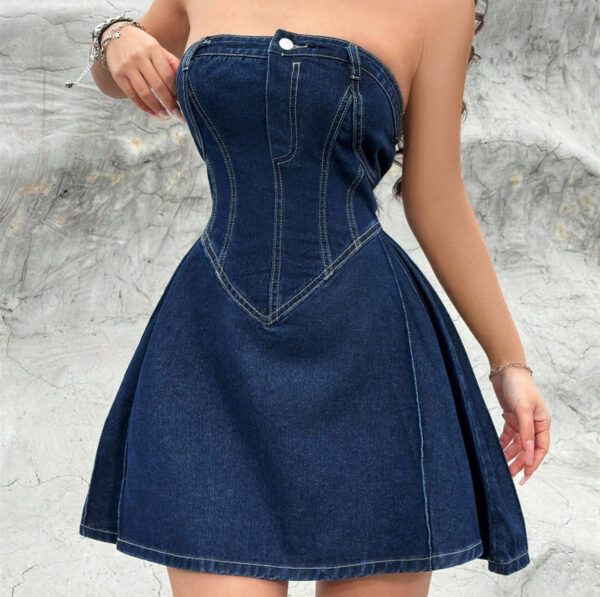 Women's Summer Off-shoulder Low Collar Sexy Fishbone Waist Tight Denim Dress Strapless Sexy Dress Trend Skinny Hipster Party Clubwear Y2K Bodycon - Image 5