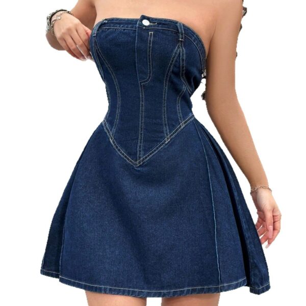 Women's Summer Off-shoulder Low Collar Sexy Fishbone Waist Tight Denim Dress Strapless Sexy Dress Trend Skinny Hipster Party Clubwear Y2K Bodycon - Image 2