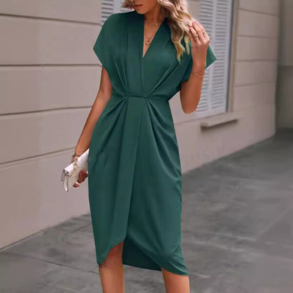 Summer Batwing Sleeve Dress Fashion V-neck Short Sleeve Pleated Dresses Womens Clothing - Image 9