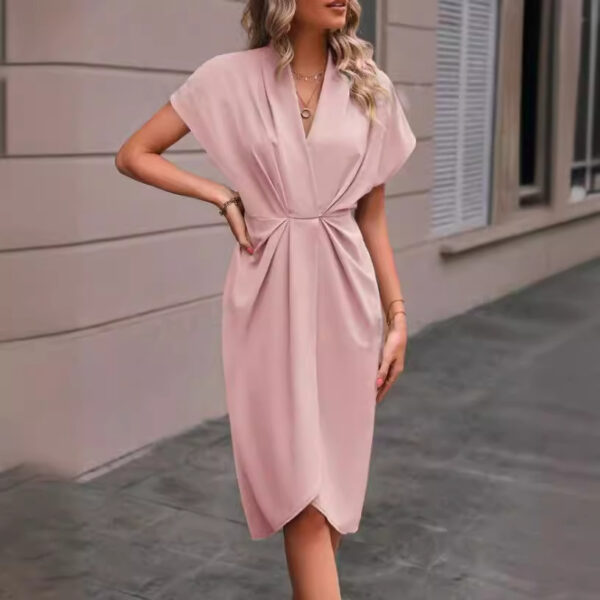 Summer Batwing Sleeve Dress Fashion V-neck Short Sleeve Pleated Dresses Womens Clothing - Image 7