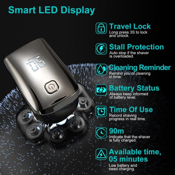 1Pc 6 In 1 9D Electric Head Shaver For Men Cordless Rechargeable Wet Dry Razor With LED Display Travel Lock Stall Protection Cleaning Reminder - Image 5