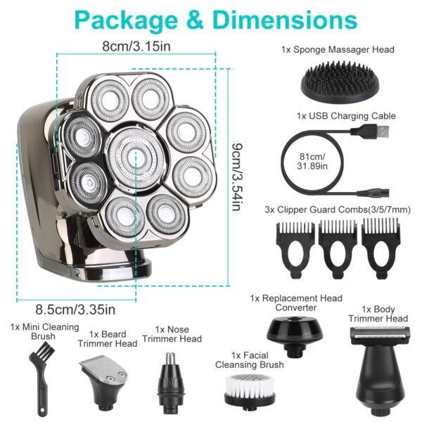 1Pc 6 In 1 9D Electric Head Shaver For Men Cordless Rechargeable Wet Dry Razor With LED Display Travel Lock Stall Protection Cleaning Reminder - Image 8